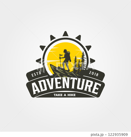 adventure travel hike logo vector symbol with sunset illustration design, vintage style adventure travel hike logo vector symbol with sunset illustration design, vintage style 122935909