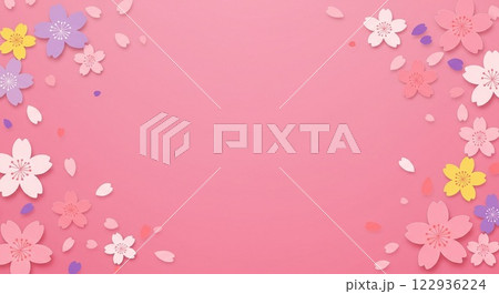 花びらが舞い散る様子と黄色や紫の花がアクセントで明るいピンクの背景 花びらが舞い散る様子と黄色や紫の花がアクセントで明るいピンクの背景 122936224