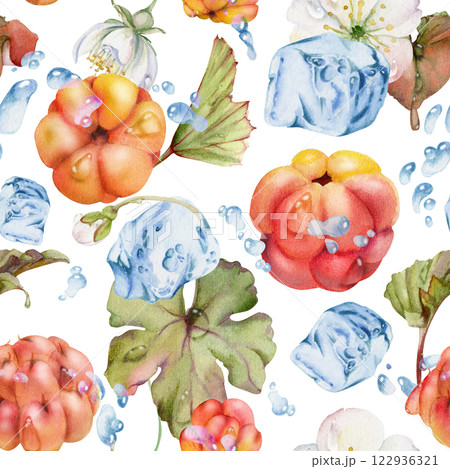 Cloudberry raspberry flying in water splashes with drops, ice cubes, hand drawn in watercolor, red forest berry leaves. Seamless pattern illustration for restaurant, cafe menu, wedding, farmers market Cloudberry raspberry flying in water splashes with drops, ice cubes, hand drawn in watercolor, red forest berry leaves. Seamless pattern illustration for restaurant, cafe menu, wedding, farmers market 122936321