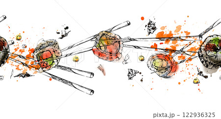 Japanese food sushi rolls california philadelphia alaska on chopsticks with raw fish salmon unagi tuna shrimp, hand drawn in watercolor and ink. Seamless banner for restaurant, cafe menu, recipe book Japanese food sushi rolls california philadelphia alaska on chopsticks with raw fish salmon unagi tuna shrimp, hand drawn in watercolor and ink. Seamless banner for restaurant, cafe menu, recipe book 122936325