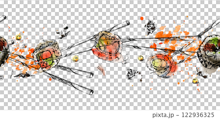 Japanese food sushi rolls california philadelphia alaska on chopsticks with raw fish salmon unagi tuna shrimp, hand drawn in watercolor and ink. Seamless banner for restaurant, cafe menu, recipe book Japanese food sushi rolls california philadelphia alaska on chopsticks with raw fish salmon unagi tuna shrimp, hand drawn in watercolor and ink. Seamless banner for restaurant, cafe menu, recipe book 122936325
