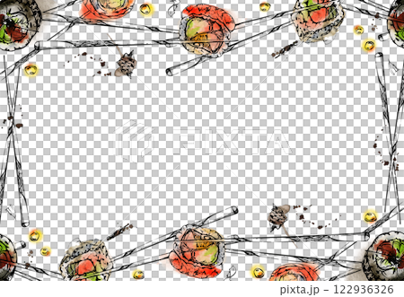 Japanese food sushi rolls on chopsticks with raw fish salmon unagi tuna shrimp, california philadelphia alaska, hand drawn in watercolor and ink. Border frame for restaurant, cafe menu, recipe book 122936326