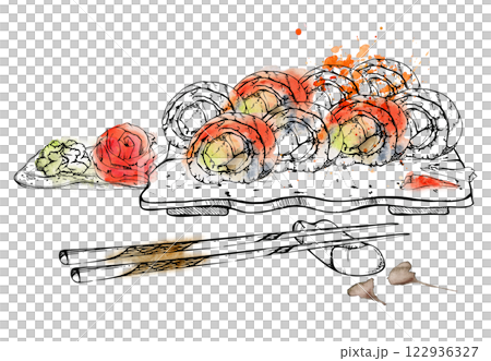 Japanese food sushi roll set on ceramic plate, raw fish alaska california rainbow, chopsticks wasabi ginger, salmon avocado tuna, hand drawn in watercolor and ink. Restaurant, cafe menu, recipe book Japanese food sushi roll set on ceramic plate, raw fish alaska california rainbow, chopsticks wasabi ginger, salmon avocado tuna, hand drawn in watercolor and ink. Restaurant, cafe menu, recipe book 122936327