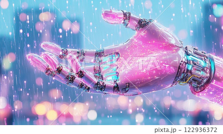 Futuristic robotic hand reaching out in a rain-soaked cityscape with neon lights in the background 122936372