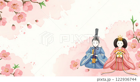 桜の花とひな祭りの水彩イラスト 122936744