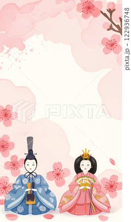 桜の花とひな祭りの水彩イラスト 122936748
