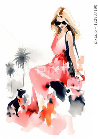 Watercolor woman in dress on vacation fashion illustration. Ai generated 122937190
