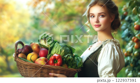 A woman holds fresh fruits and vegetables. The concept of healthy eating, nutrition, and a balanced lifestyle. Generative AI. 122937391