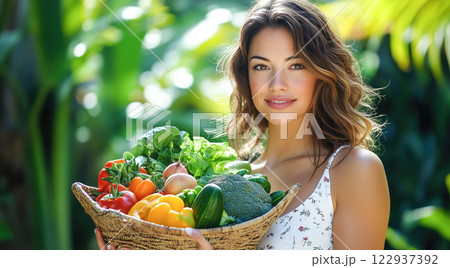 A woman holds fresh fruits and vegetables. The concept of healthy eating, nutrition, and a balanced lifestyle. Generative AI. 122937392