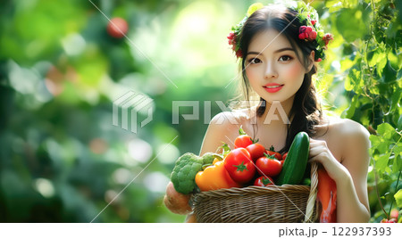 A woman holds fresh fruits and vegetables. The concept of healthy eating, nutrition, and a balanced lifestyle. Generative AI. 122937393