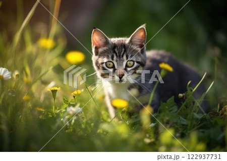 Kitty in nature on summer forest background. Closeup animal portrait. Ai generated 122937731