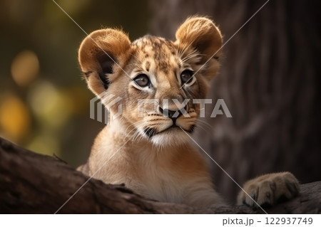 Lion cub in nature on summer forest background. Closeup animal portrait. Ai generated 122937749