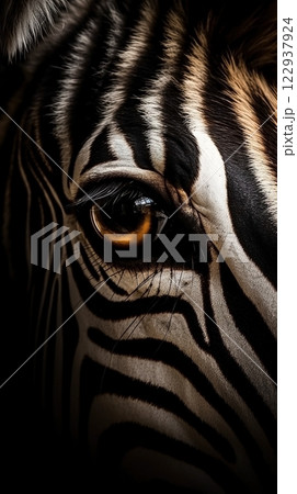 Closeup zebra eye, portrait of animal on dark background. Ai generated 122937924
