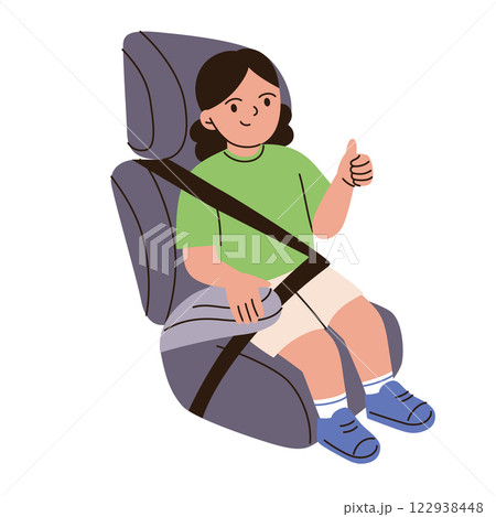 Vector illustration of child securely fastened in car seat. Protection for kids in cars. Flat cartoon girl character with thumb up, safety harness, seat belt, simple composition for children road trip Vector illustration of child securely fastened in car seat. Protection for kids in cars. Flat cartoon girl character with thumb up, safety harness, seat belt, simple composition for children road trip 122938448