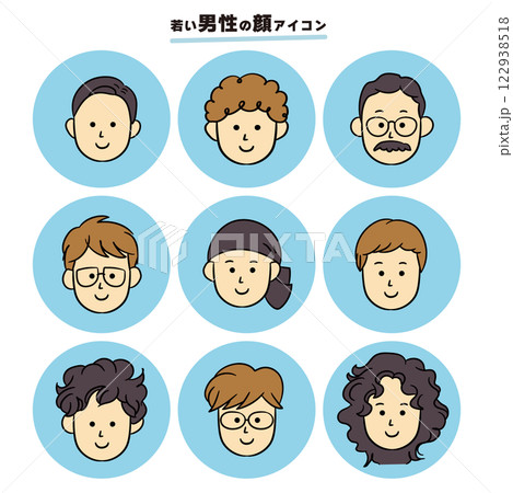 いろいろな男性の顔シンプルアイコン_円形背景あり 122938518