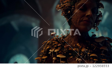 Mysterious woman covered in mushrooms in dark gothic environment 122938553
