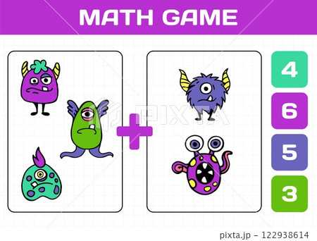 Cute monsters. Math game. Aliens counting. Workbook test. Kids preschool worksheet. How many mutants. Children task. Calculation exercise. Kindergarten brainteaser. Vector educational puzzle design 122938614