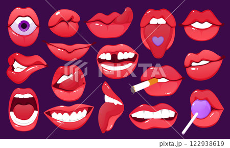 Mouth expressions. Smiling female. Open lips. Sticking out tongue. Sad face or laugh. Facial teeth visible. Surprised gesture. Lolli or cigarette. Candy eye. Red cosmetic lipstick. Vector cartoon set 122938619