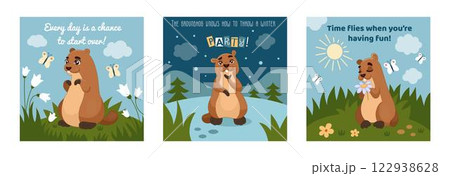 Groundhog Day poster. Cute marmot. Gopher of winter greets spring. Banner featuring animal. Happy party. Woodchuck character. Mammal in weather illustration. Vector tidy cartoon seasonal cards set Groundhog Day poster. Cute marmot. Gopher of winter greets spring. Banner featuring animal. Happy party. Woodchuck character. Mammal in weather illustration. Vector tidy cartoon seasonal cards set 122938628