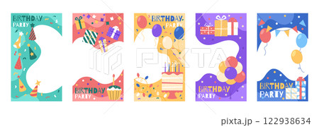 Birthday frame. Greeting card for kids happy celebration. Photo background template. Party post with balloon and cake. Cartoon child border. Holiday picture pattern. Vector baby garish banners set Birthday frame. Greeting card for kids happy celebration. Photo background template. Party post with balloon and cake. Cartoon child border. Holiday picture pattern. Vector baby garish banners set 122938634