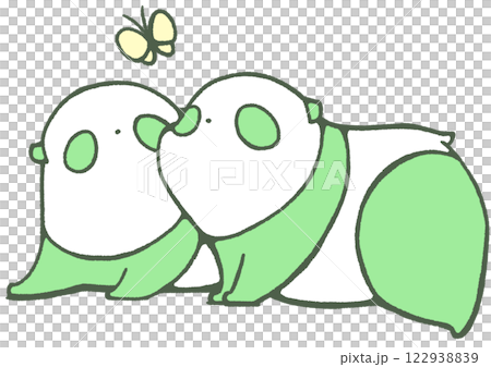 蝶を見上げる二匹の子パンダ(緑色) 122938839