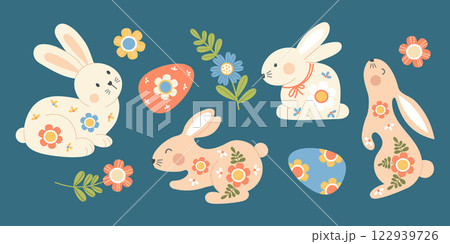 Cute Floral Easter Bunnies and Paschal Eggs. Spring Holiday Collection. Isolated Vector illustrations for festive decor and design, greeting card, invitation, postcard, banner, poster 122939726