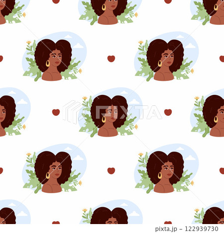 Seamless pattern with pretty African American woman with leaves on white background. Vector illustration. Holiday Black History Month, female character, beauty and mental health 122939730