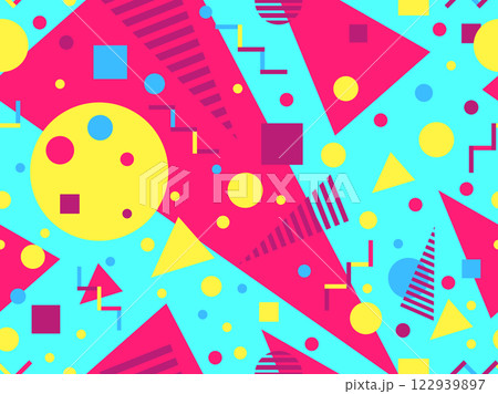 Geometric seamless pattern with memphis elements in 80s style. Colorful geometric pattern. Design of promotional products, wrapping paper and printing. Vector illustration 122939897