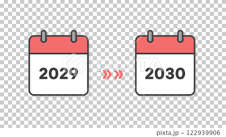 2029 年和 2030 年的日曆封面和箭頭 - 年末和新年假期、新年、期間和時間表變更的圖像材料 122939906