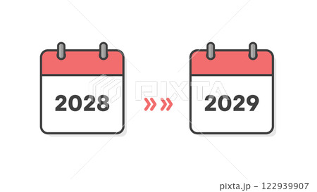 2028年と2029年のカレンダーの表紙と矢印 - 年末年始や新年、期間や予定変更のイメージ素材 122939907