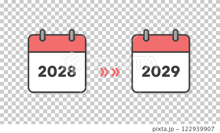 2028年と2029年のカレンダーの表紙と矢印 - 年末年始や新年、期間や予定変更のイメージ素材 122939907