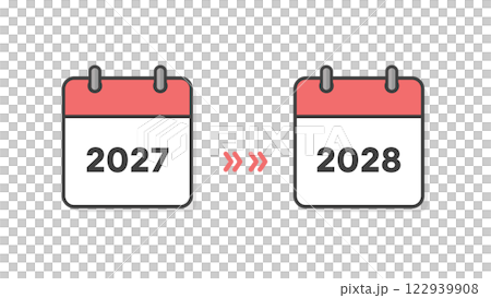 2027 年和 2028 年的日曆封面和箭頭 - 年末和新年假期、新年、期間和時間表變更的圖像材料 2027 年和 2028 年的日曆封面和箭頭 - 年末和新年假期、新年、期間和時間表變更的圖像材料 122939908