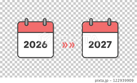 2026 年和 2027 年的日曆封面和箭頭 - 年末和新年假期、新年、期間和時間表變更的圖像材料 122939909