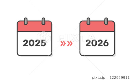 2025年と2026年のカレンダーの表紙と矢印 - 年末年始や新年、期間や予定変更のイメージ素材 2025年と2026年のカレンダーの表紙と矢印 - 年末年始や新年、期間や予定変更のイメージ素材 122939911