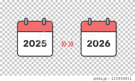 2025年と2026年のカレンダーの表紙と矢印 - 年末年始や新年、期間や予定変更のイメージ素材 2025年と2026年のカレンダーの表紙と矢印 - 年末年始や新年、期間や予定変更のイメージ素材 122939911