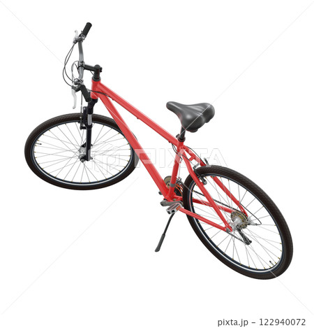 Red bicycle standing on kickstand Red bicycle standing on kickstand 122940072