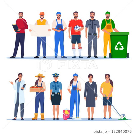 Jobs and professions set. Men ad women in uniforms, different occupation, work. Same man and woman characters in different occupations. Vector illustration. 122940079