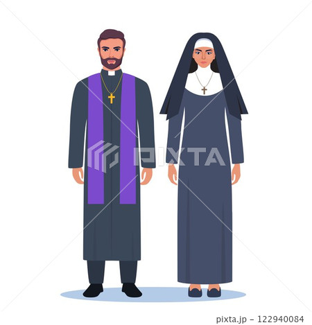 Catholic priest and nun isolated on white. Catholic priest in cassock with cross. Nun In traditional black attire symbolizing religious devotion, modesty, and spiritual faith. Vector illustration Catholic priest and nun isolated on white. Catholic priest in cassock with cross. Nun In traditional black attire symbolizing religious devotion, modesty, and spiritual faith. Vector illustration 122940084