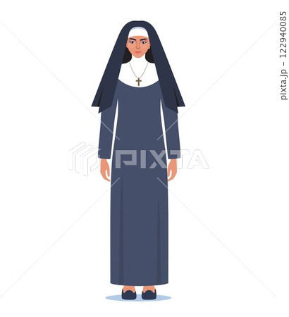 Nun In traditional black attire symbolizing religious devotion, modesty, and spiritual faith. Vector illustration. 122940085