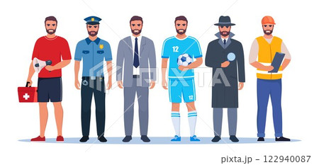 Jobs and professions set. Men in uniforms, different occupation, work. Same man character in different occupations. Vector illustration. Jobs and professions set. Men in uniforms, different occupation, work. Same man character in different occupations. Vector illustration. 122940087