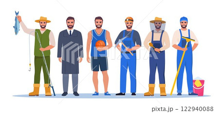 Jobs and professions set. Men in uniforms, different occupation, work. Same man character in different occupations. Vector illustration. Jobs and professions set. Men in uniforms, different occupation, work. Same man character in different occupations. Vector illustration. 122940088