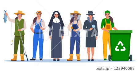 Jobs and professions set. Women in uniforms, different occupation, work. Same woman character in different occupations. Vector illustration. 122940095