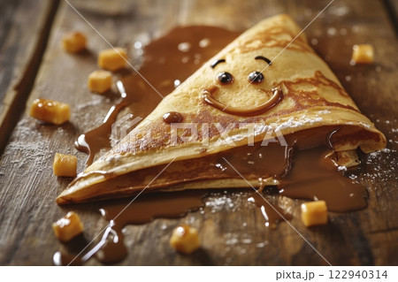 A stack of pancakes with chocolate drizzled on top and sprinkles on the bottom 122940314