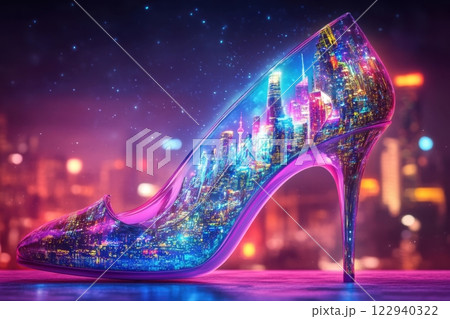 A large, glittery shoe with a flower on it is shown on a pink background 122940322