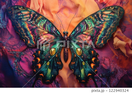 A colorful butterfly with gold and silver spots sits on a colorful background 122940324
