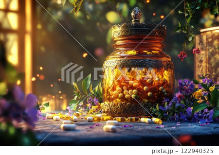 A jar filled with colorful pills and a light bulb inside 122940325