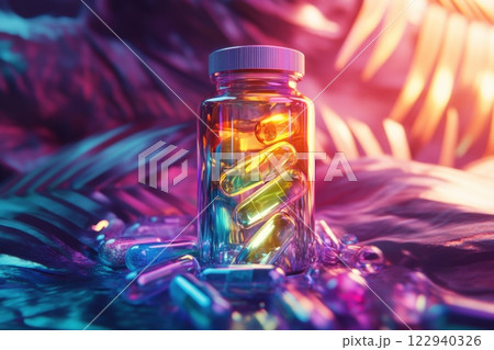 A jar of pills is sitting on a table with a background 122940326