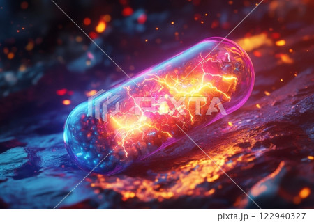A pill is glowing with bright colors and sparks 122940327