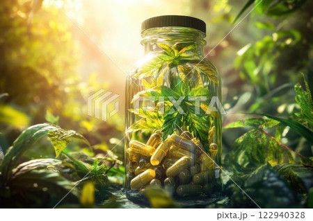 A jar filled with marijuana pills and leaves 122940328