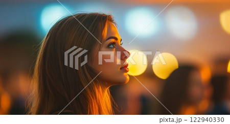 Young woman listening attentively at conference with blurred lights 122940330